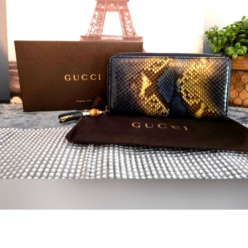 Rare Gucci Blue and Yellow Python Bamboo Tassel Zippy Wallet